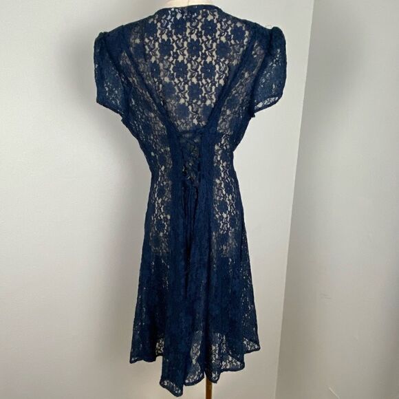 Vintage Blue Lace Midi Dress M-L Romantic Grunge Feminine Cottagecore Whimsigoth - Picture 2 of 13
